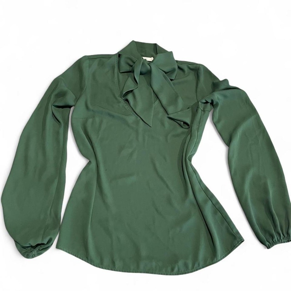 Green Bailey blouse with ruffle collar and tie detail